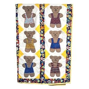 Vintage Handmade Teddy Bear Quilt Applique Design Cotton Fabric Multi-Color Patt